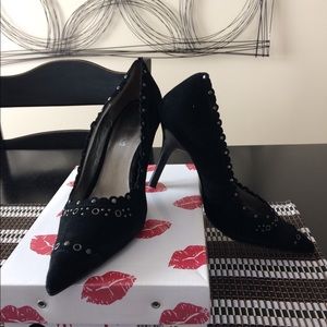 Two Lips black suede “Chassity” heels